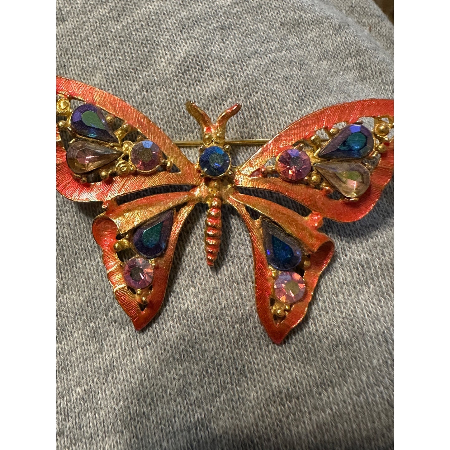 Vintage Metallic Gold Tone Butterfly with Aurora Borealis Rhinestones Brooch Pin