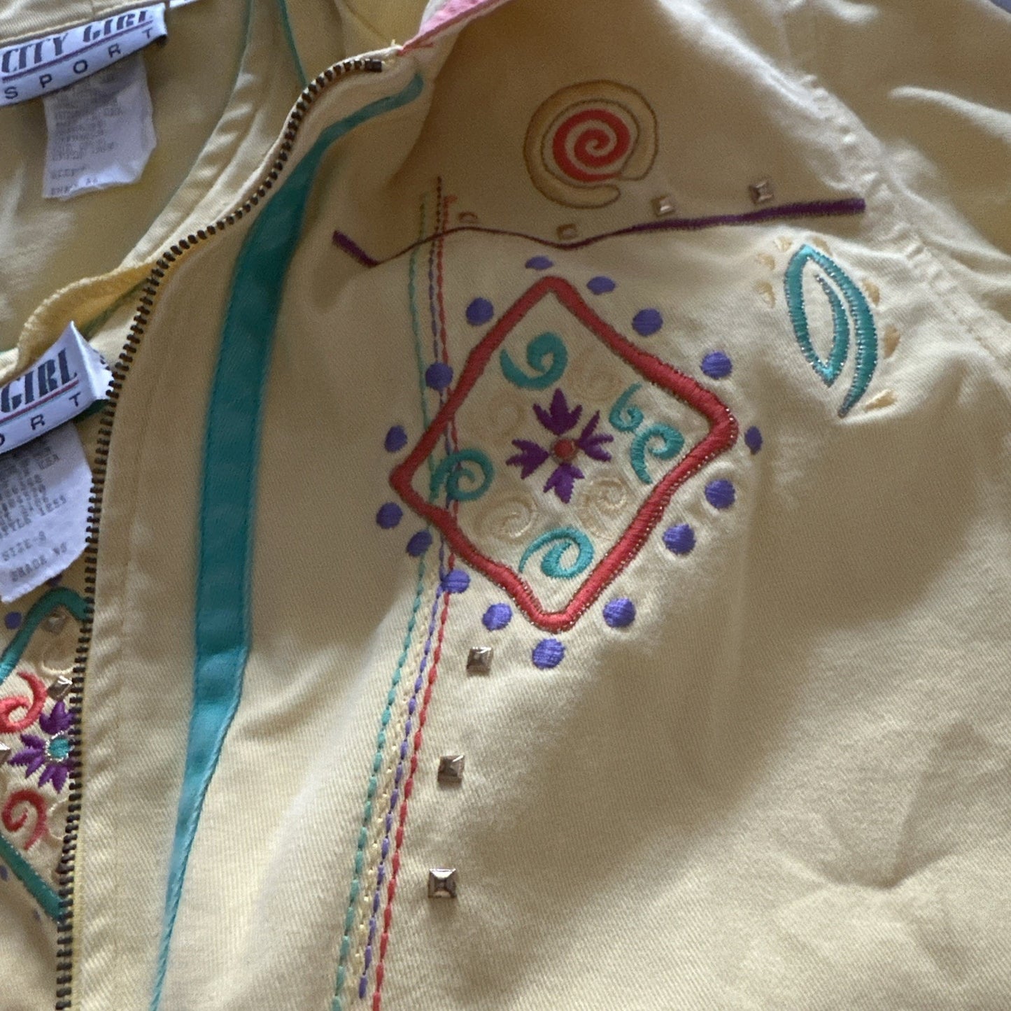 Vintage 3 Piece 80s City Girl Sport Yellow Embroidered Jacket, Skirt, Top Sz 8