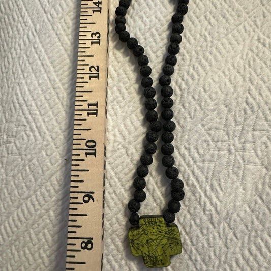 Beautiful rare Lava Bead necklace with green cross