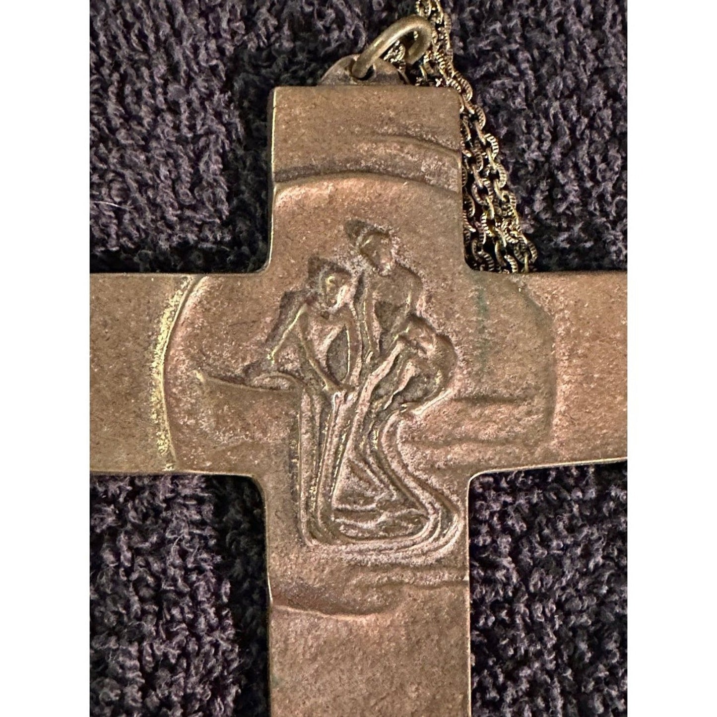 Vintage Mid Century Bronze Crucifix Pendant Necklace Holy Cross