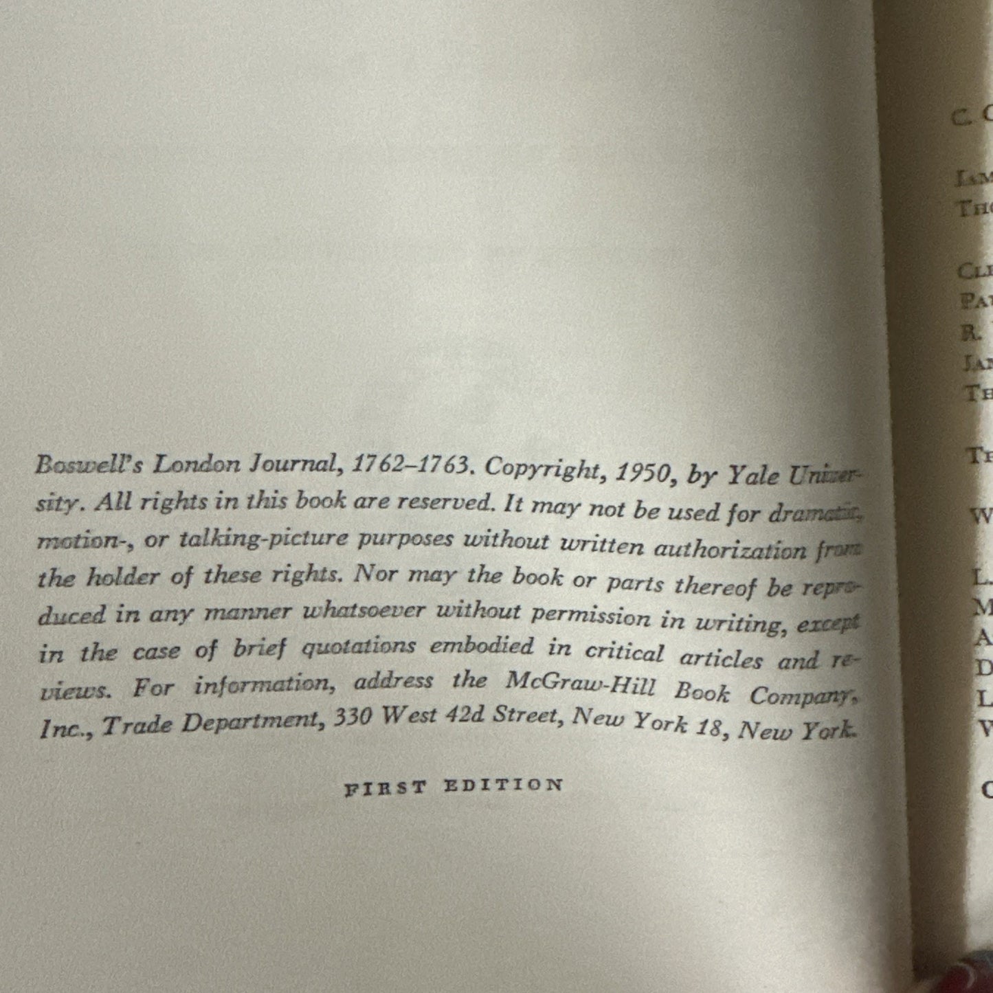 Boswells LONDON JOURNAL 1762-1763 Hardcover 1950 Rare 1st Edition