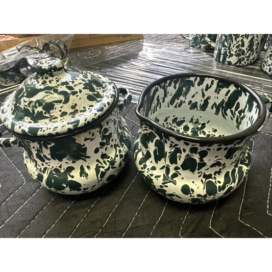 Enamel Green and White Splatter creamer pitcher & Sugar Bowl