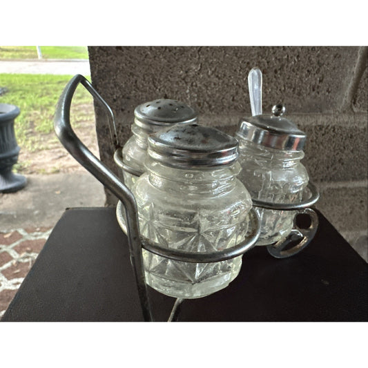 Condiment Cart Salt and Pepper Shakers plus Condiment Jar Wheel Barrel Holder