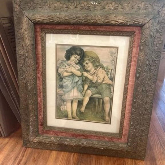 Antique lithograph boy & girl titled Peter Rabbit