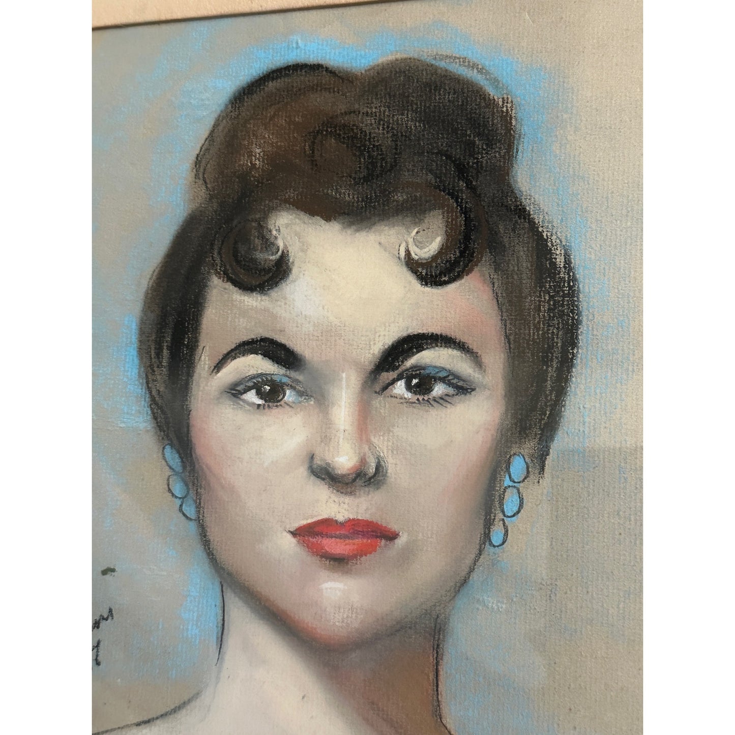 Vintage mid century  portrait drawing of Lady New Orleans artist