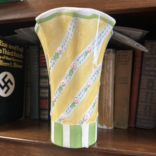 Vintage 90s Ceramic Spring Floral Vase Scalloped Edge Yellow Green Easter Decor