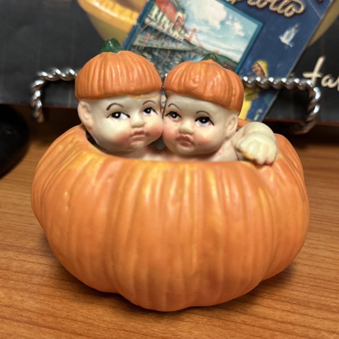 Vtg K's Collection Twin Babies Pumpkin Holiday Figurine Halloween Fall Autumn