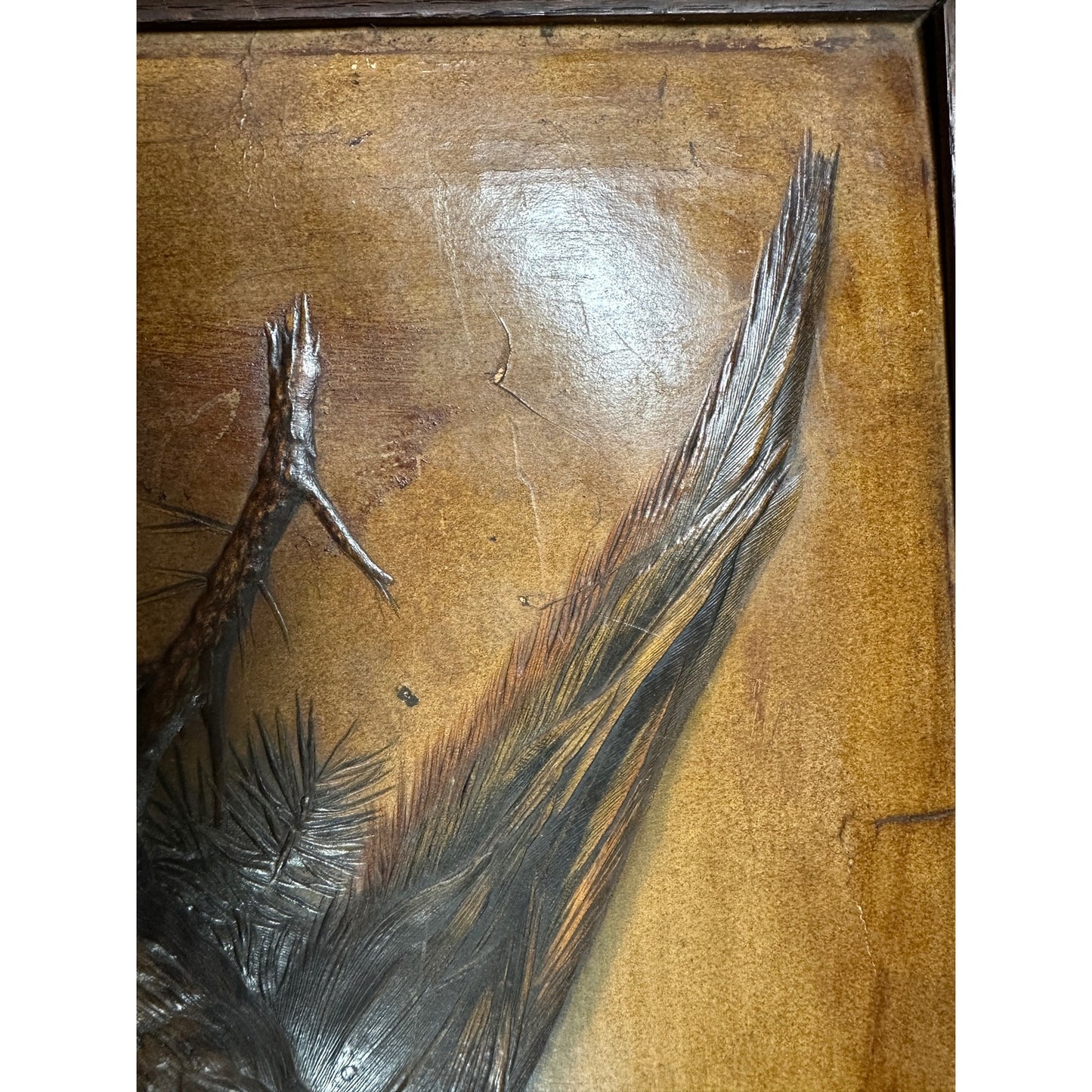 Antique 19thc Hunting trophy partridge bird pheasant relief hand paint panel