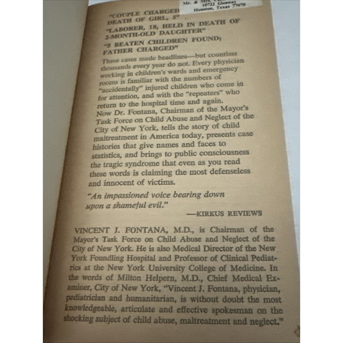 SOMEWHERE A CHILD IS CRYING - Vincent J. Fontana M.D. (1976 Paperback)