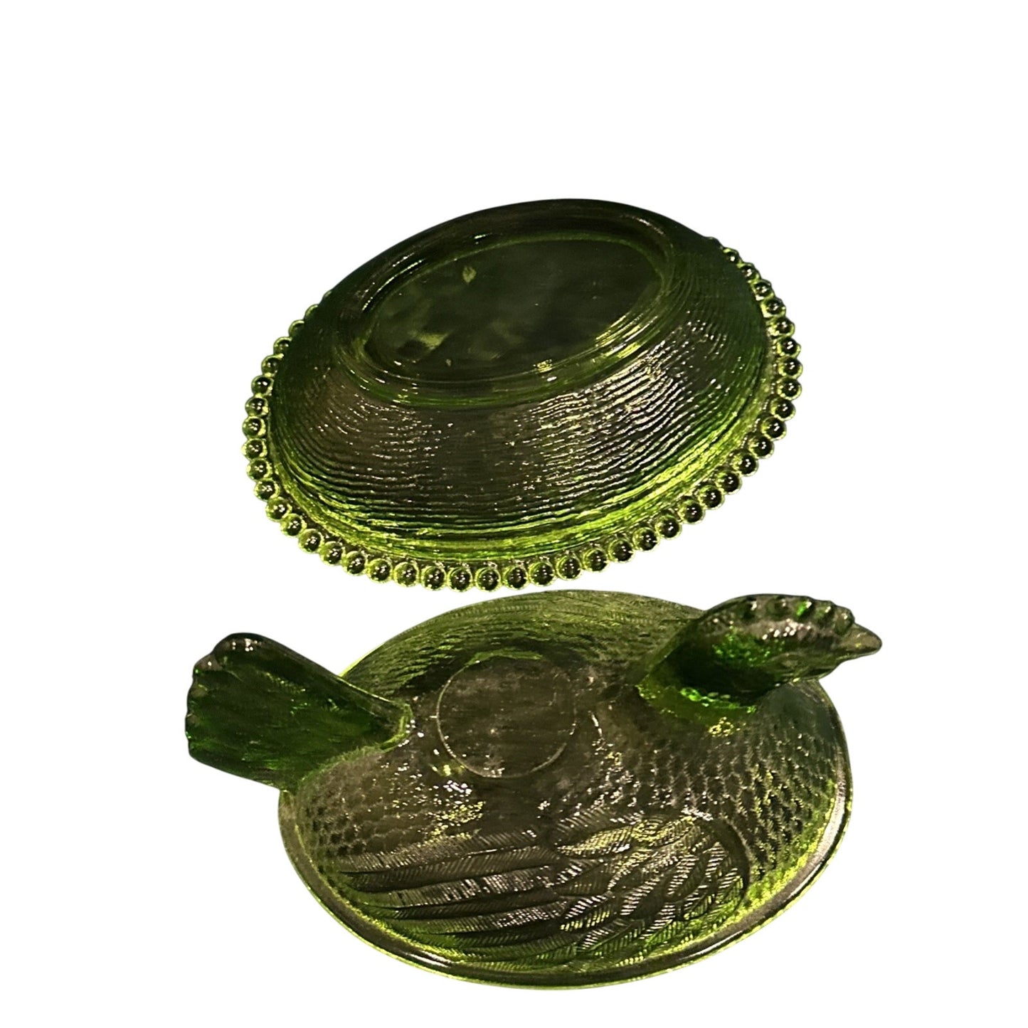 BIG Vintage Mid-Century Modern GREEN Glass Lidded Bowl Hen on Nest SERVING DISH