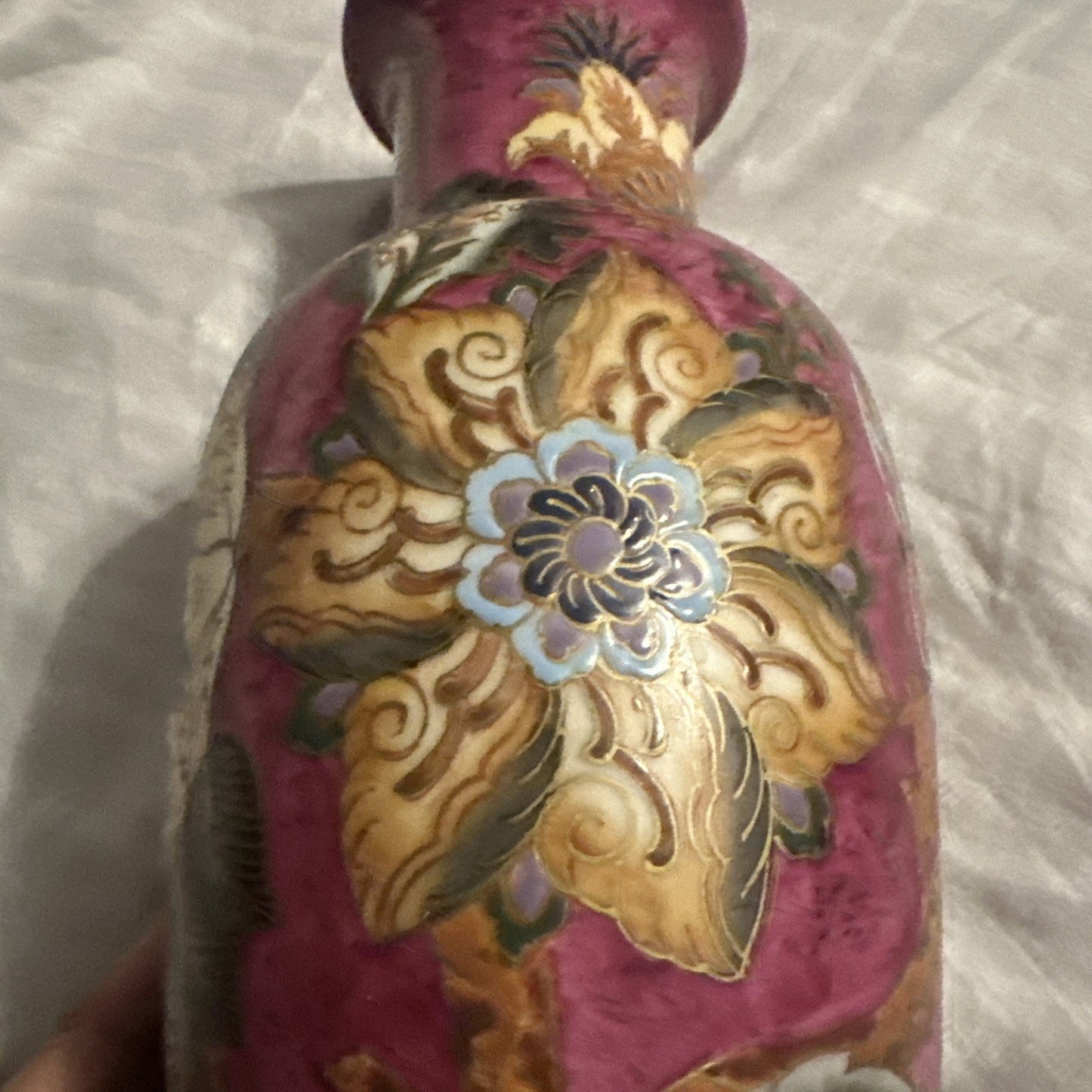 Vintage WBI Chinese Vase Porcelain Floral Design Blue Pink 12” Tall Gold Outline