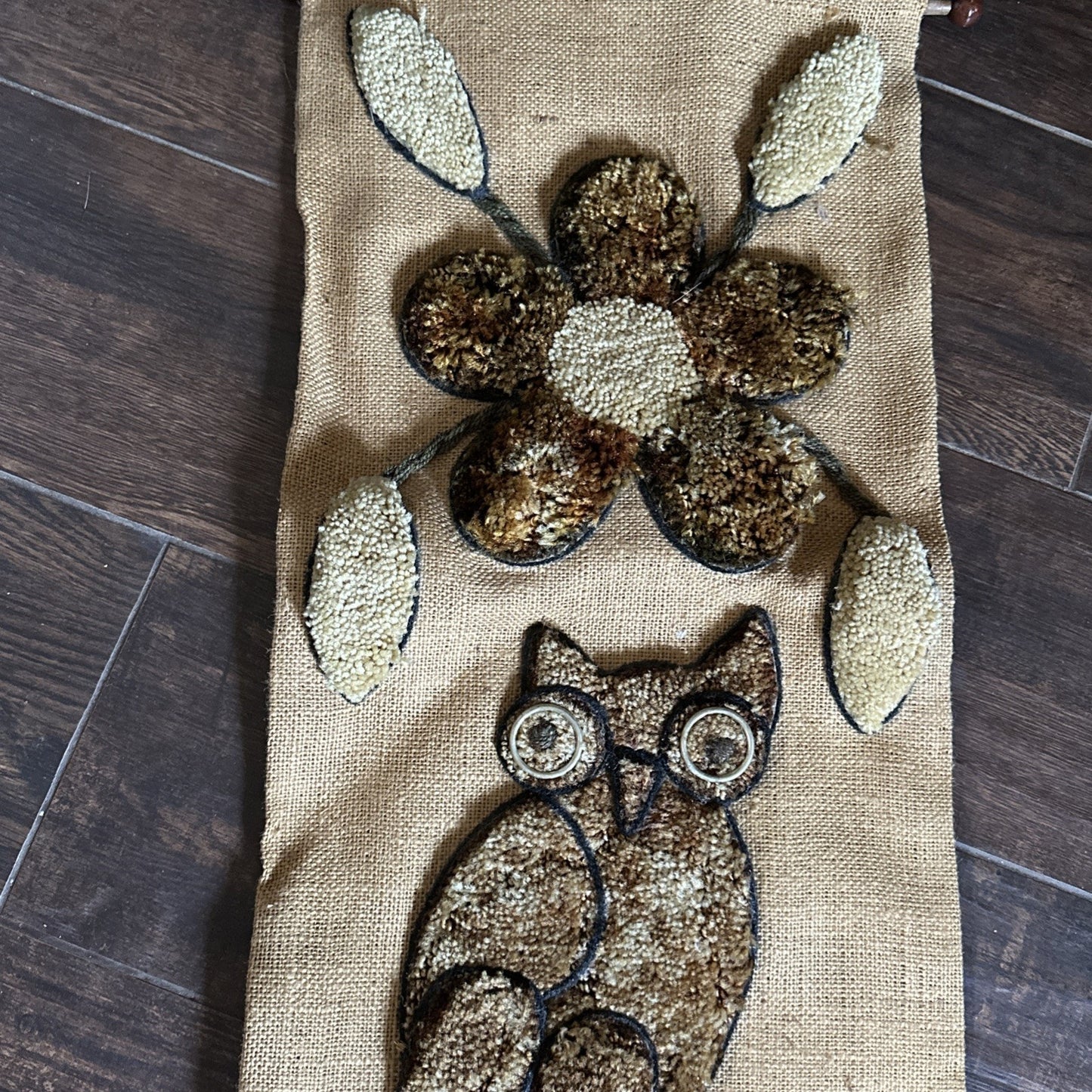 Vintage 1970’s Latch Hook Shag On Burlap With Owl And Flowers Wear With Age
