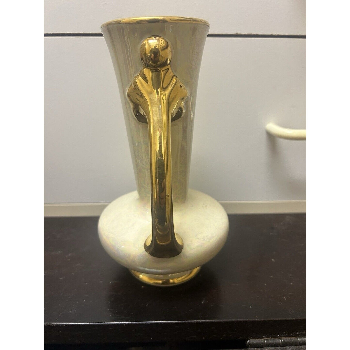 Vintage Lusterware Pearl China 2 Handled Vase 7 3/4" Beautiful 22 kt gold trim