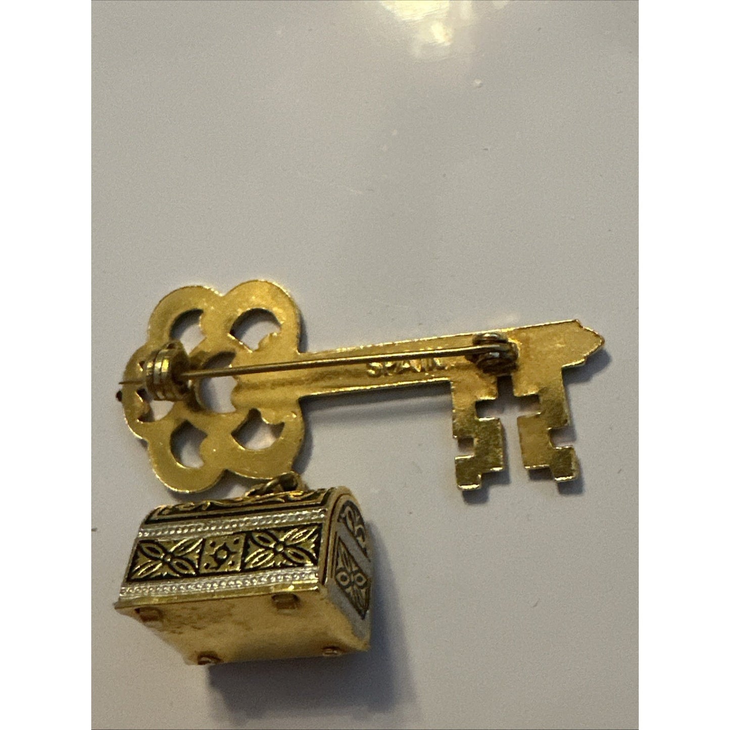 Vintage 2" Damascene Gold Tone Key Treasure Box on Chain Brooch Pin Made Spain