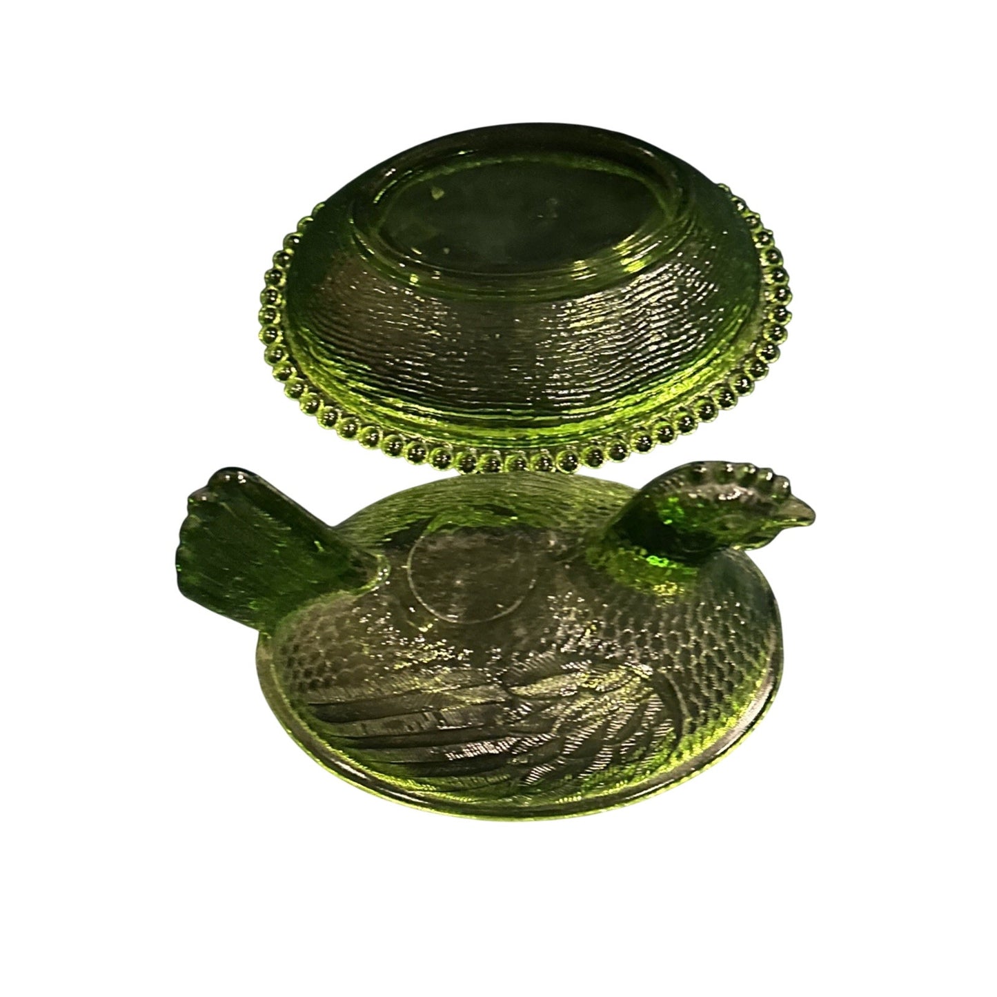 BIG Vintage Mid-Century Modern GREEN Glass Lidded Bowl Hen on Nest SERVING DISH