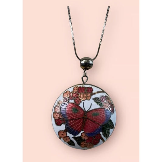 Vintage cloisonne butterfly pendant necklace