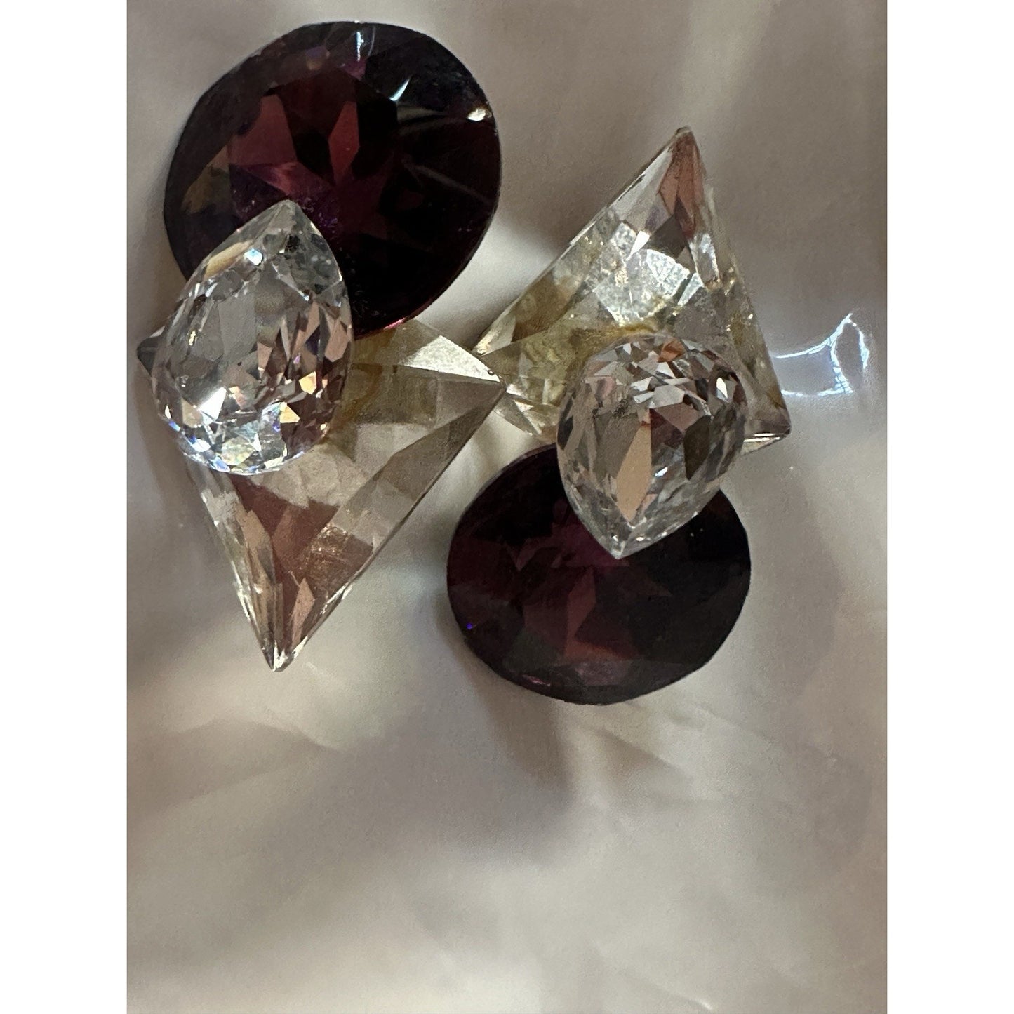 Vintage Lg Pink / Purple & Clear Rhinestone Earrings 1980 Similar to Wendy Gell