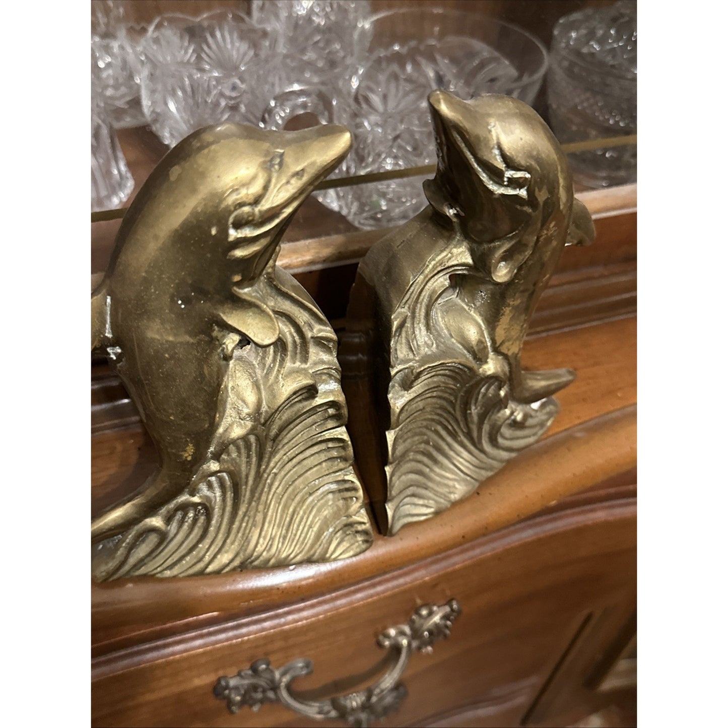 Vintage 70s Brass Dolphin on Wave Bookends Doorstop Beachy Coastal Nautical Sea