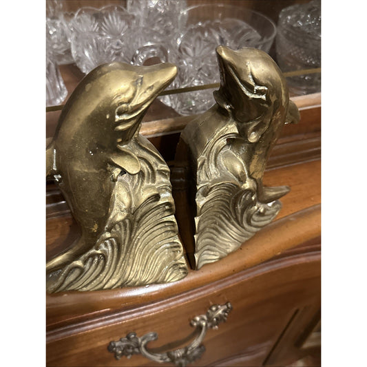 Vintage 70s Brass Dolphin on Wave Bookends Doorstop Beachy Coastal Nautical Sea