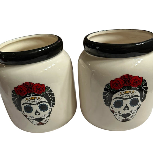 2 Day of the Dead Skull Ceramic Planter Vase Jar Container