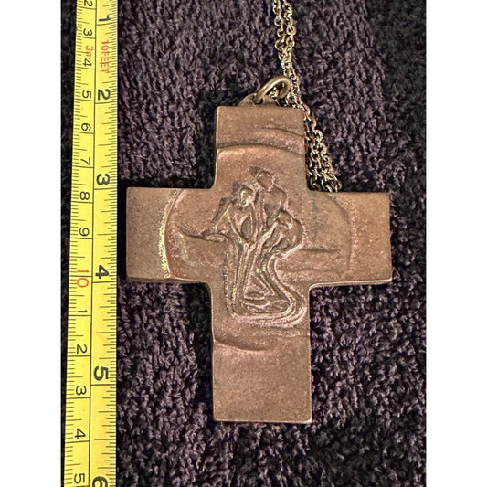Vintage Mid Century Bronze Crucifix Pendant Necklace Holy Cross