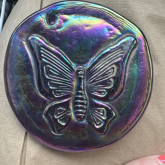 Glass Iridescent Coloring Butterfly Disk Sun Catcher 3.25" Round Double Sided