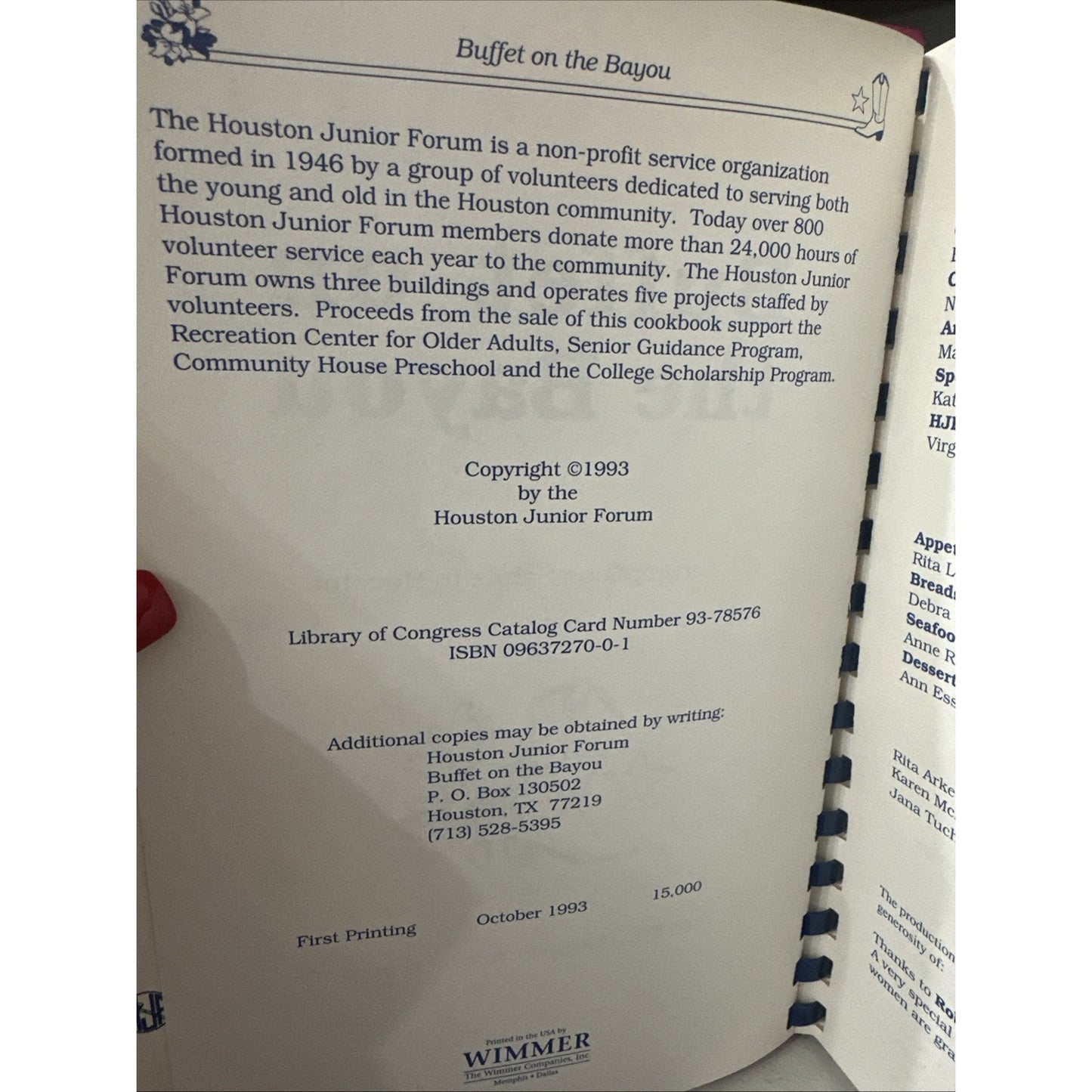 Buffet on The Bayou - Houston Junior Forum Cookbook 1993 First Printing