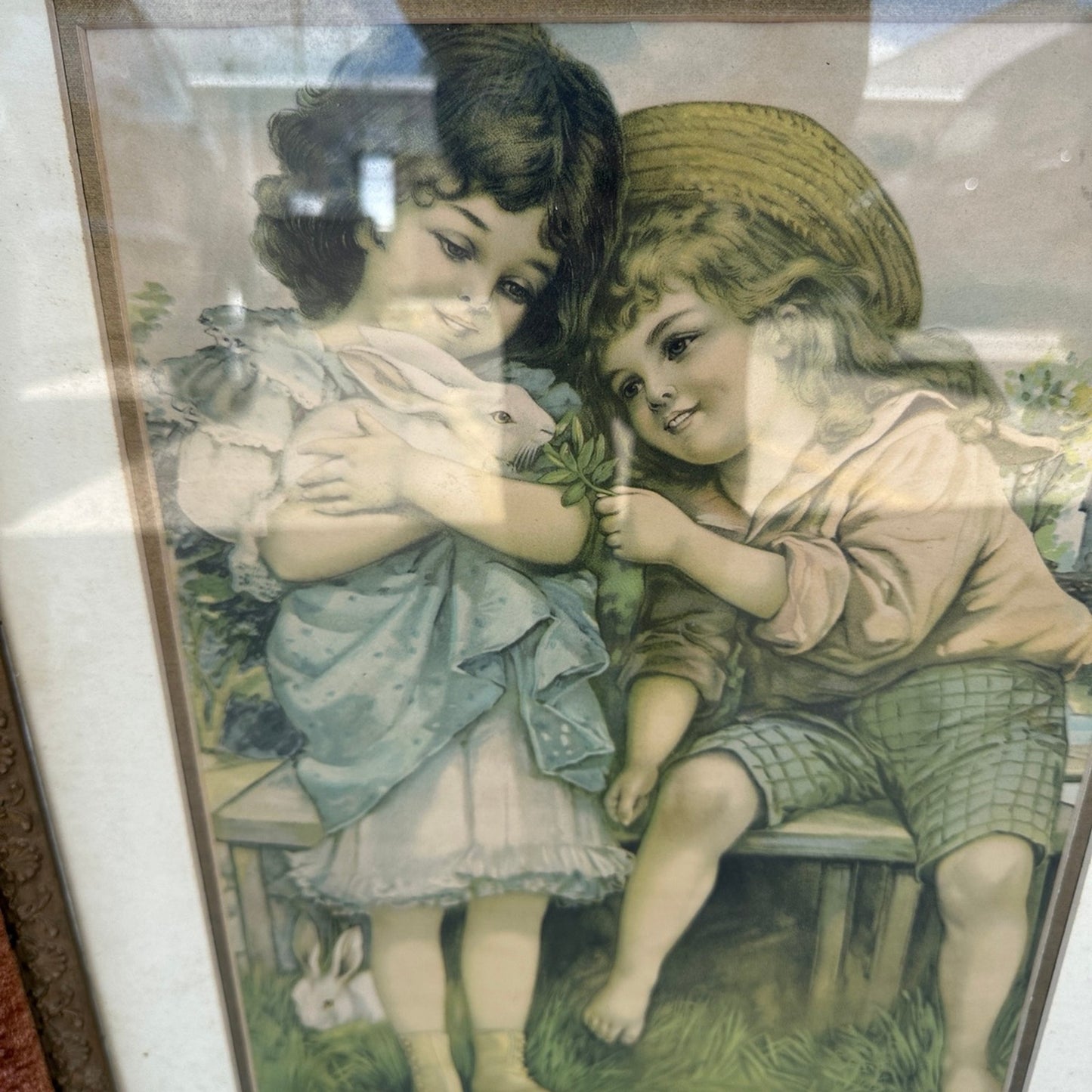 Antique lithograph boy & girl titled Peter Rabbit