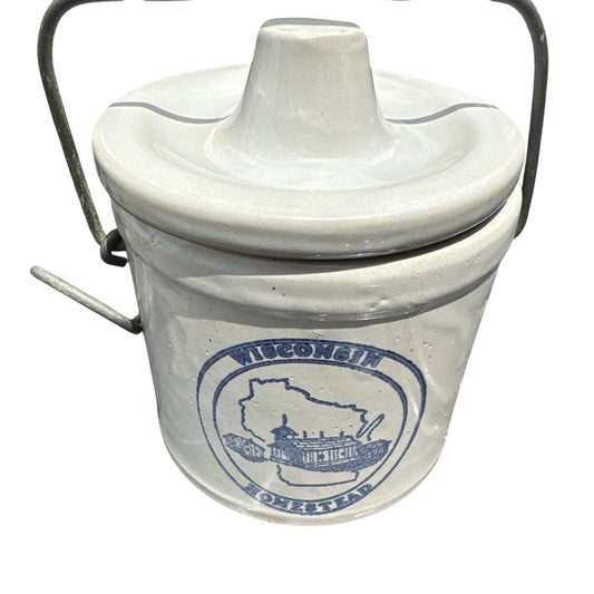 VTG Wisconsin Homestead Lidded Cheese Butter Crock with Bale Wire Close 6in