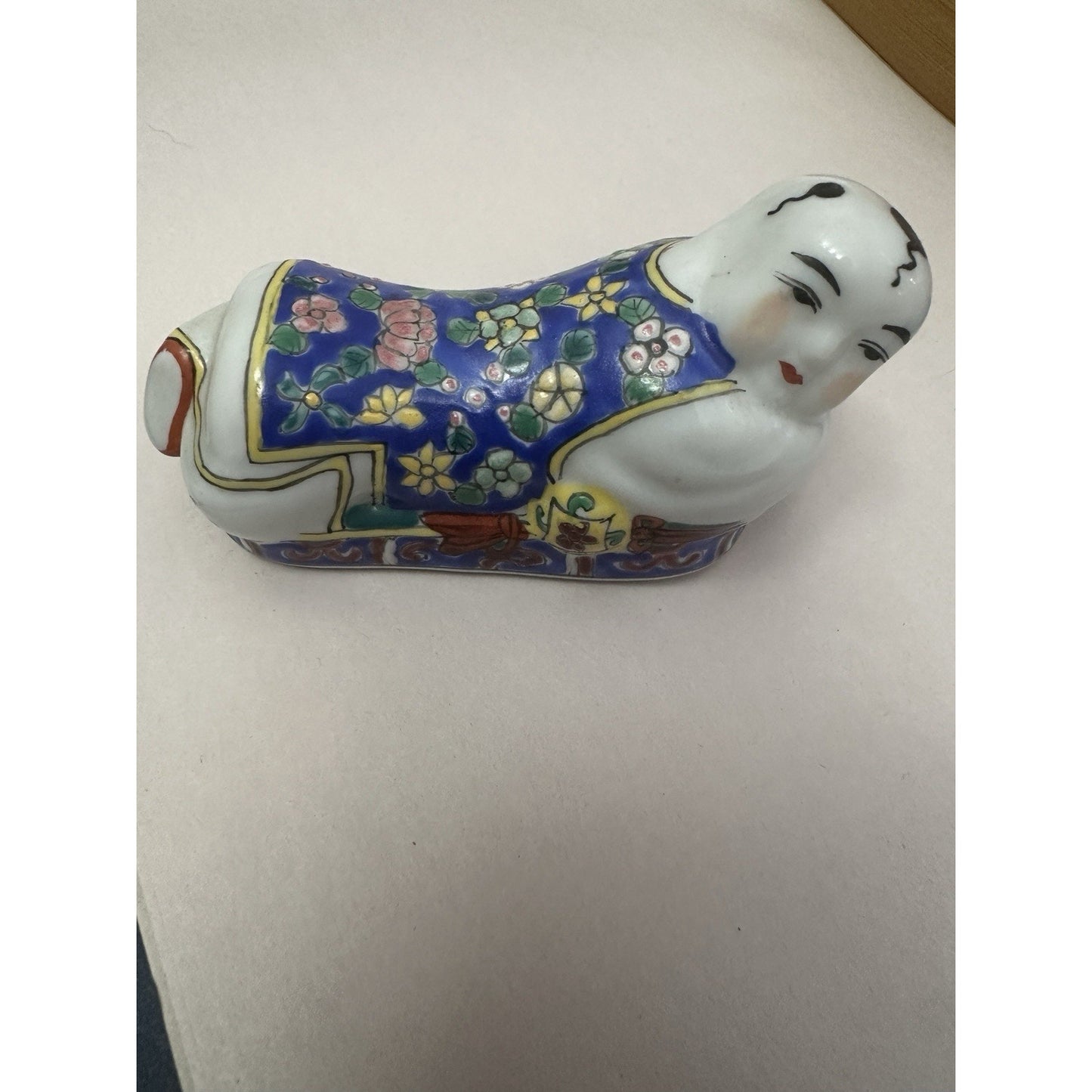 Vintage Chinese Export Porcelain Enamel Laying Child On Opium Pillow Figurine