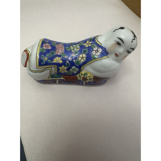Vintage Chinese Export Porcelain Enamel Laying Child On Opium Pillow Figurine