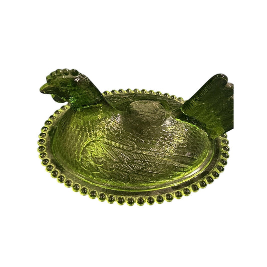 BIG Vintage Mid-Century Modern GREEN Glass Lidded Bowl Hen on Nest SERVING DISH