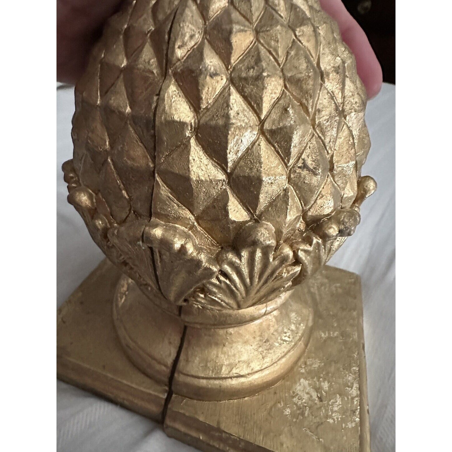 Gold Tone Pinecone Finial Nestled in Acanthus Leaves Bookends