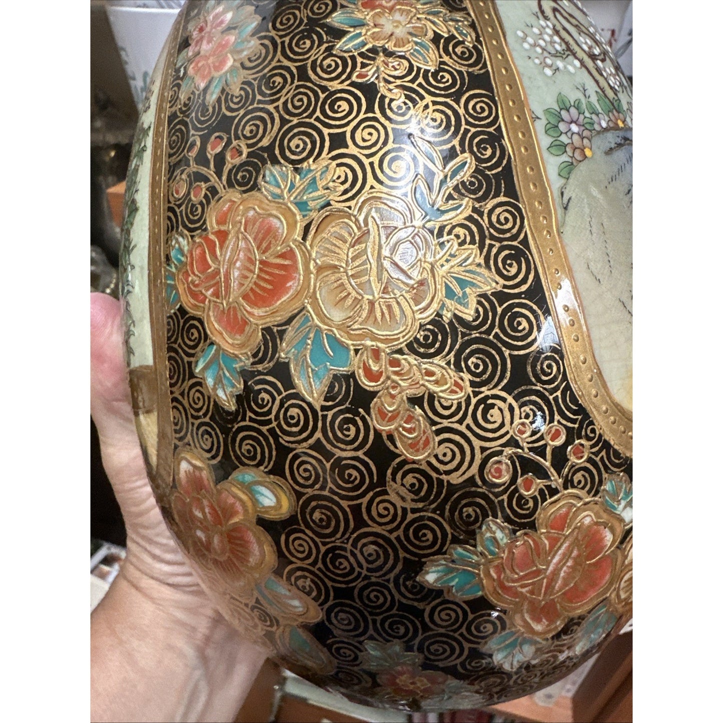 Vintage Chinoiserie Asian Cloisonne’ Ceramic Egg Floral Geisha 8 & Wood Base