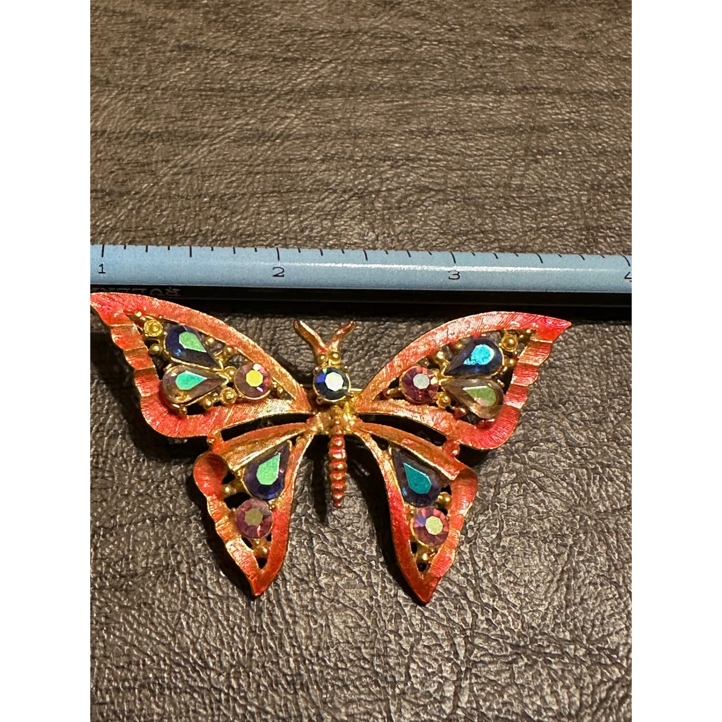 Vintage Metallic Gold Tone Butterfly with Aurora Borealis Rhinestones Brooch Pin