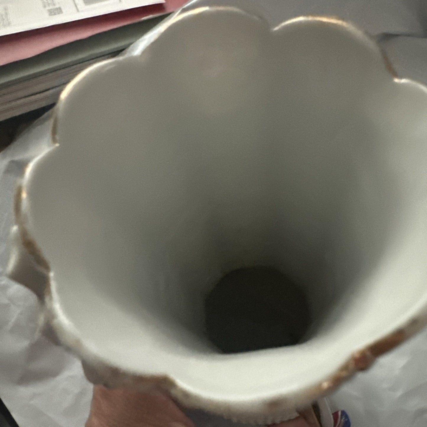 Vintage Double Handled Hobnail Porcelain Bud Vase W/ Gold Trim & Applied Flowers