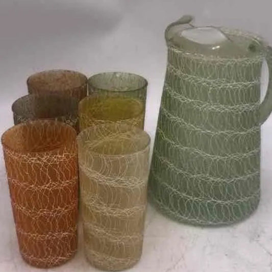 Vintage Multicolor Spaghetti Kitchenware Serving Glasses And Pitcher Set