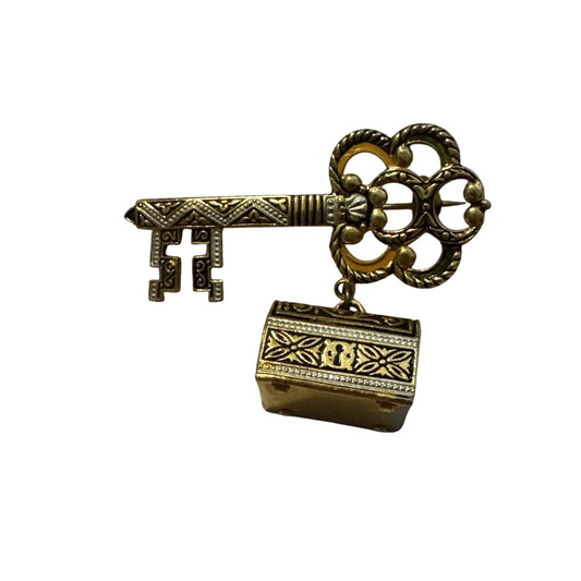 Vintage 2" Damascene Gold Tone Key Treasure Box on Chain Brooch Pin Made Spain
