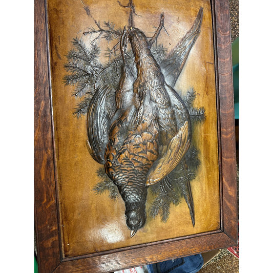 Antique 19thc Hunting trophy partridge bird pheasant relief hand paint panel