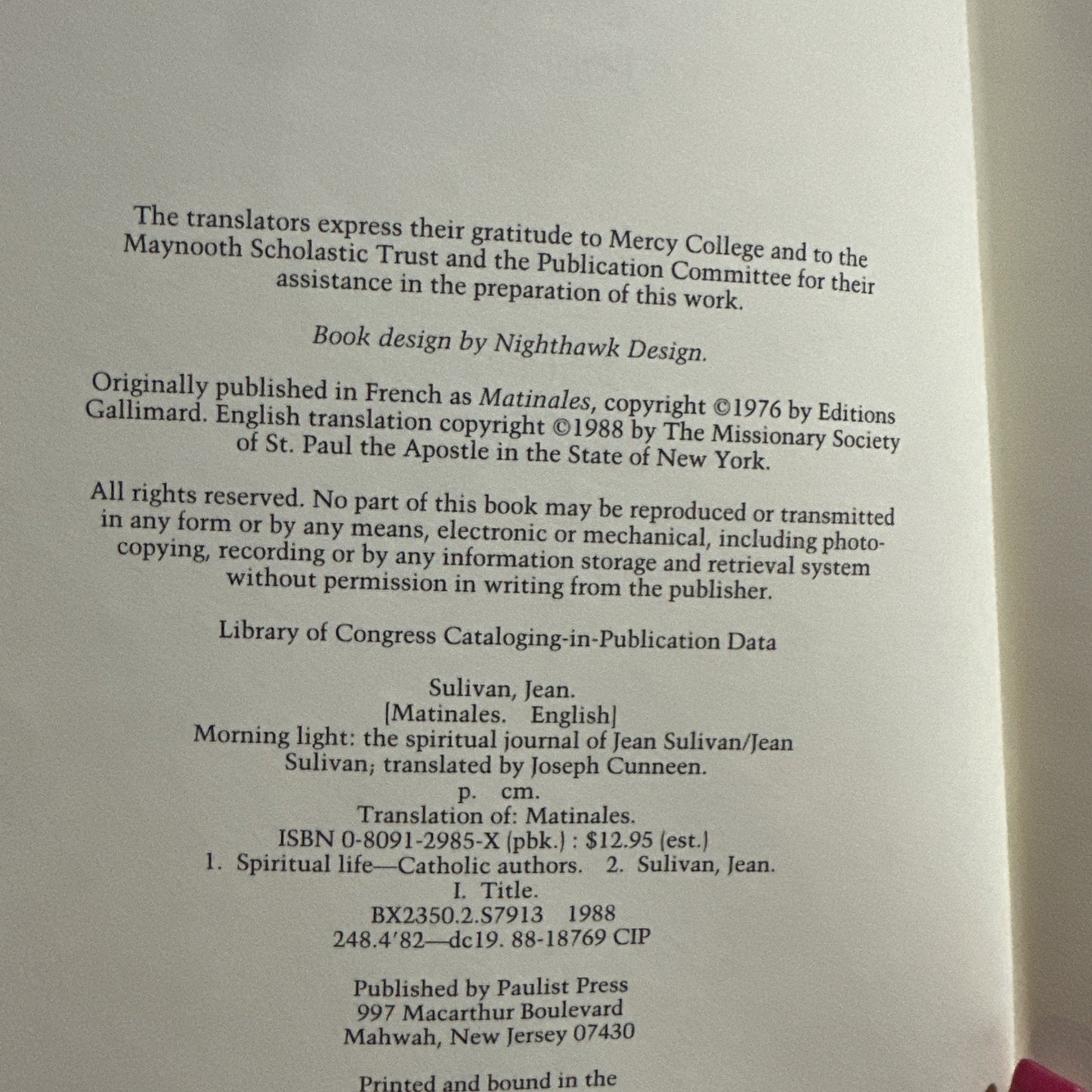 Morning Light - The Spiritual Journal Of Jean Sulivan - PB 1988