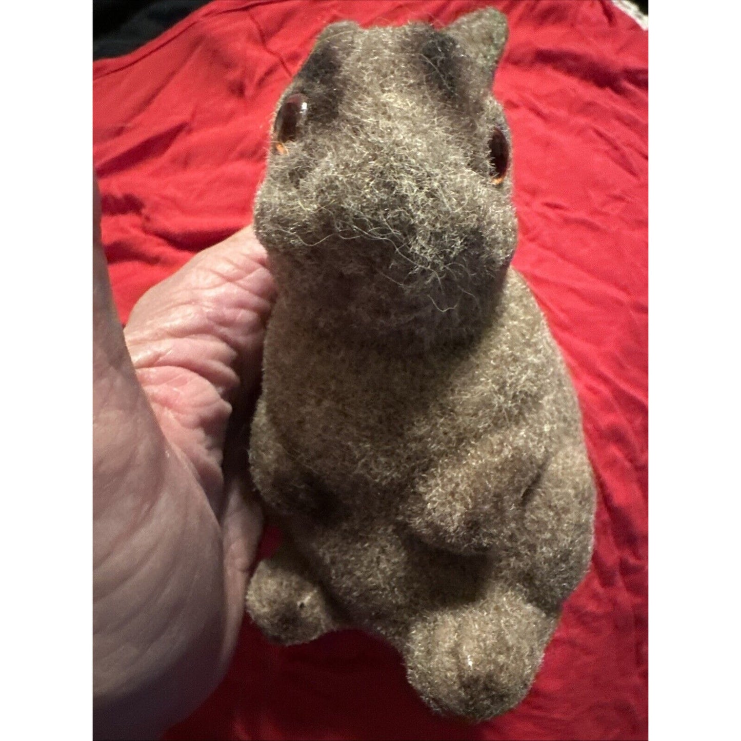 Vtg Flocked Fuzzy Brown Bunny Rabbit Animal Figure Coin Bank Made in Hong Kong