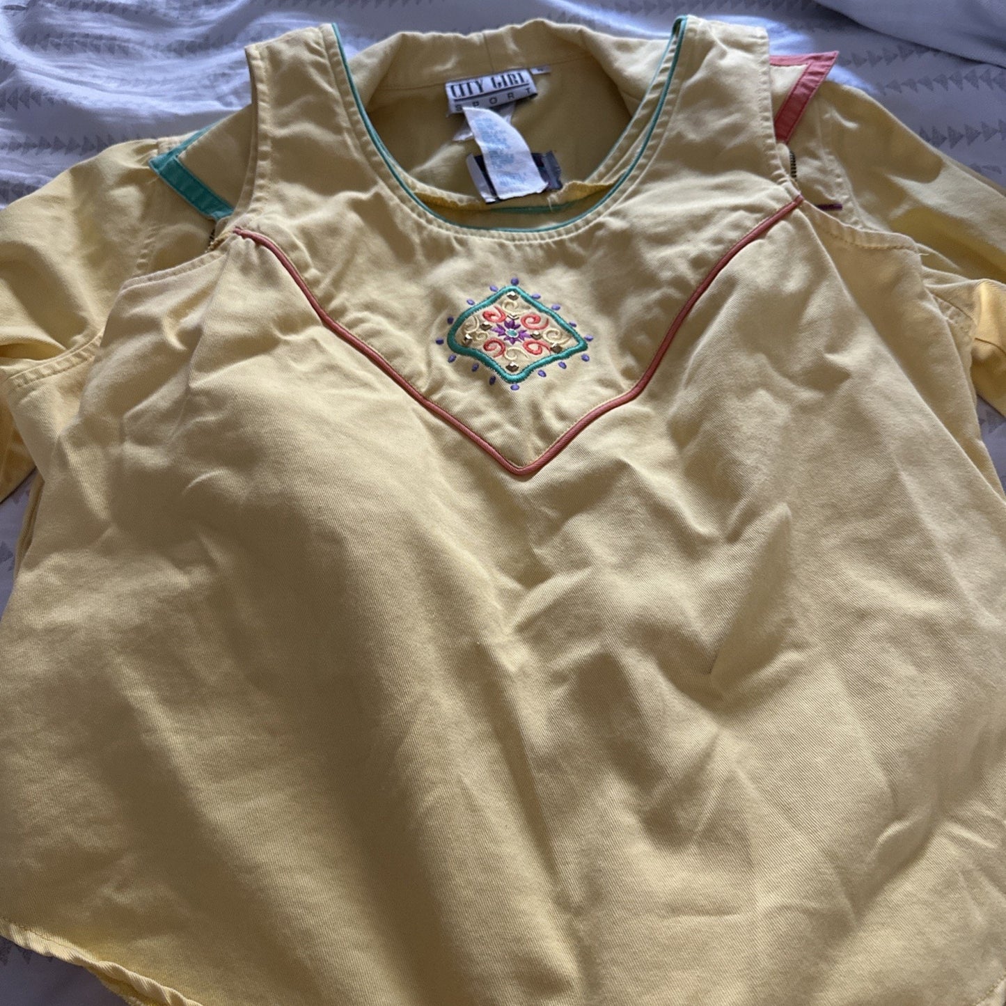 Vintage 3 Piece 80s City Girl Sport Yellow Embroidered Jacket, Skirt, Top Sz 8
