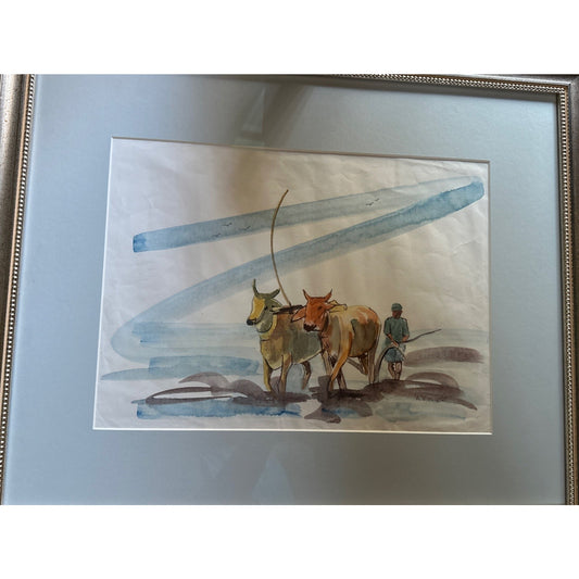 Original Watercolor Painting - Water Buffalo/Farmer- Signed unable to read artist