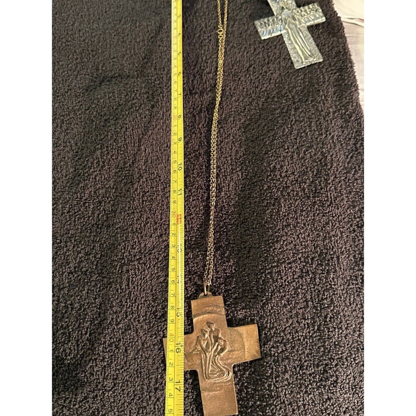 Vintage Mid Century Bronze Crucifix Pendant Necklace Holy Cross
