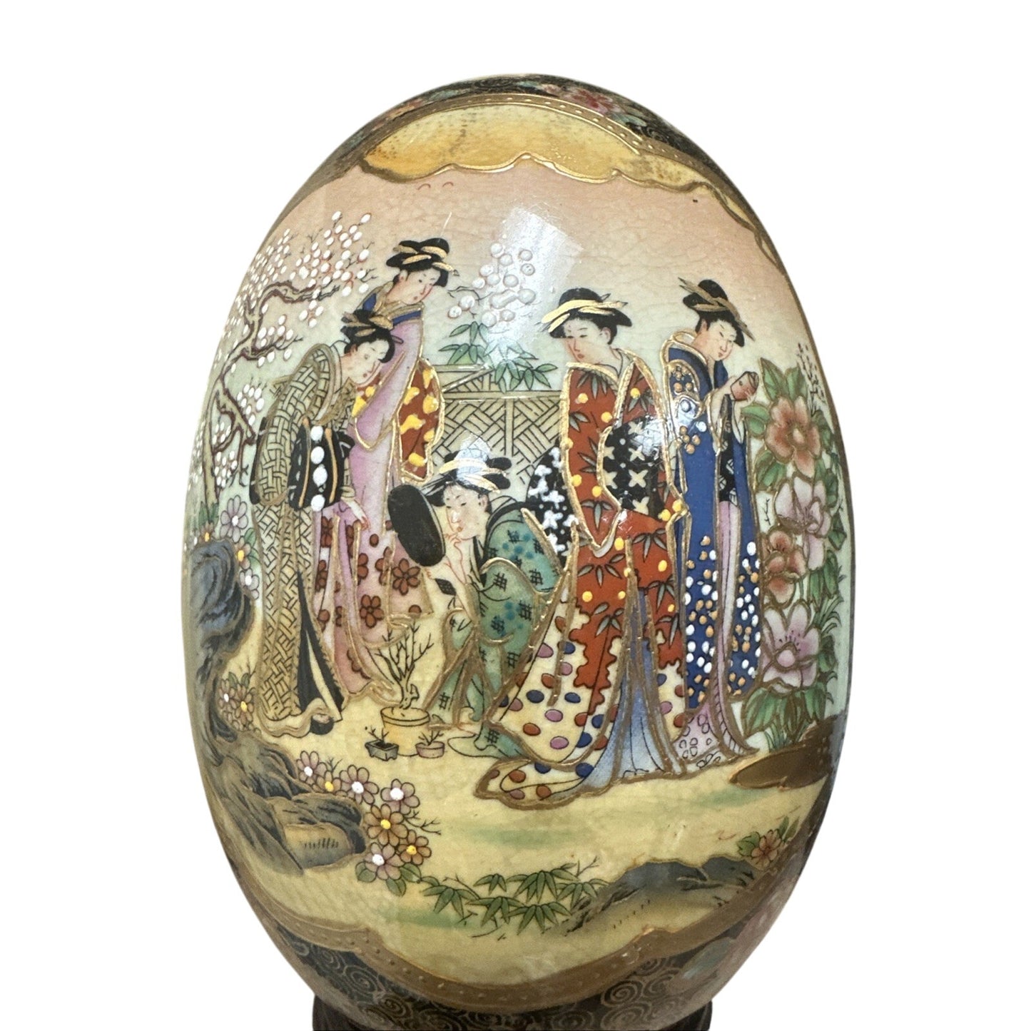 Vintage Chinoiserie Asian Cloisonne’ Ceramic Egg Floral Geisha 8 & Wood Base