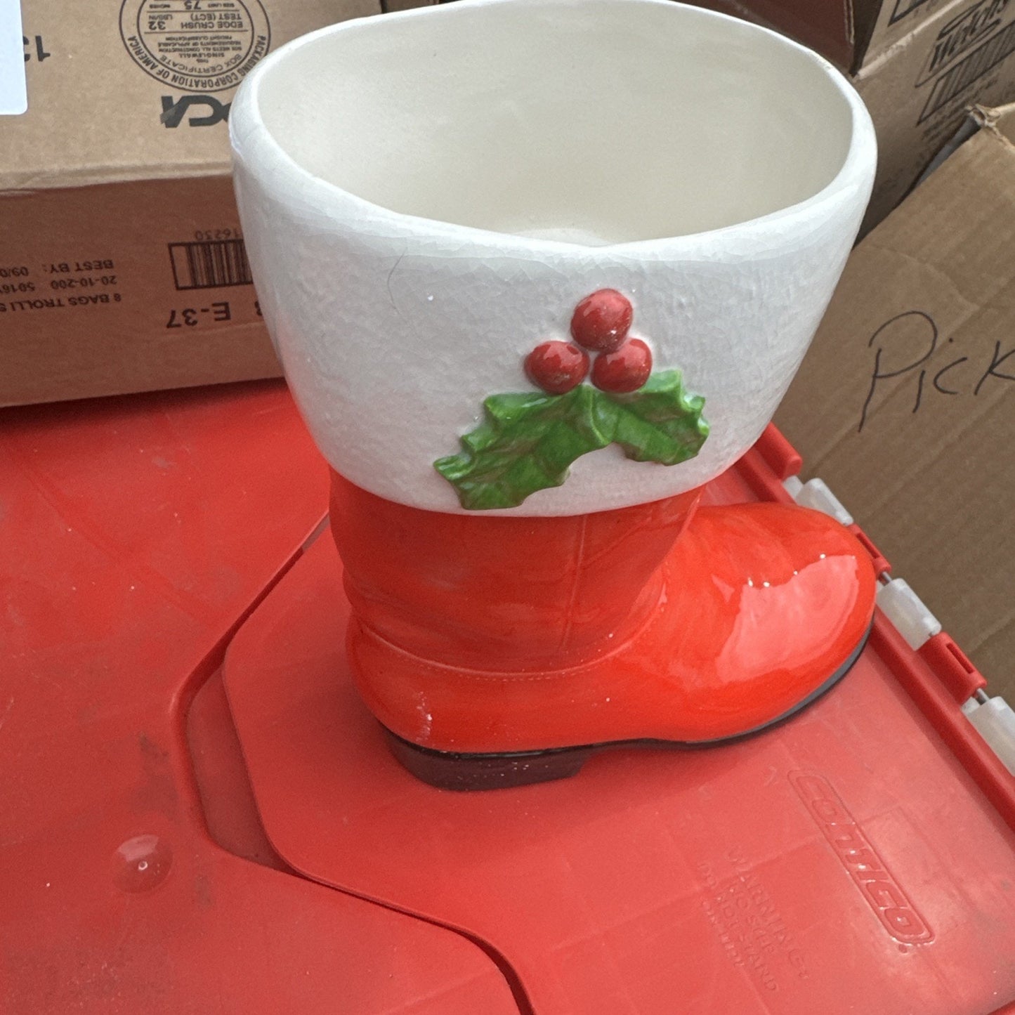 Vintage Santa's Boot Christmas Vase Planter Red Hand Painted Ceramic Mold 8.5"
