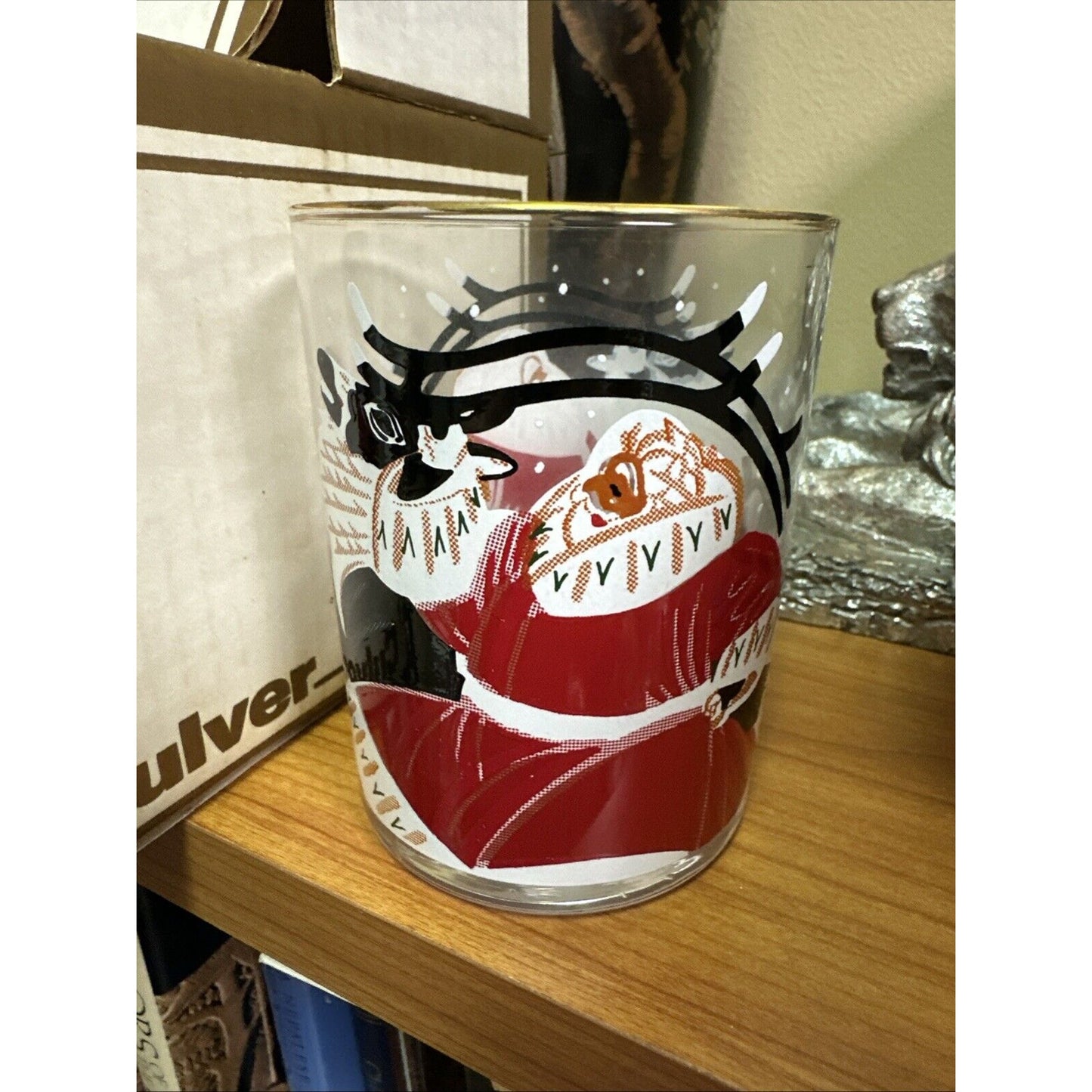 VTG MCM Culver Xmas Santa & Reindeer14oz Double Old Fashioned Glasses - Set Of 4