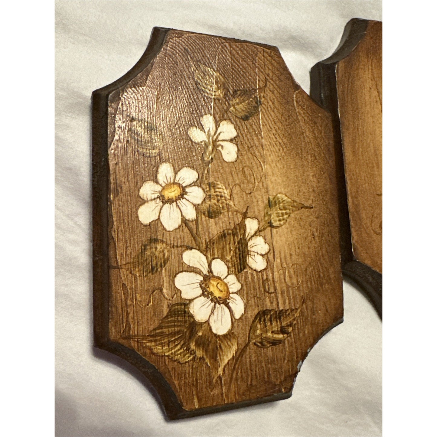 2 Vtg Hand Painted Wood Mid Century Folk Art Plaque Wall Hanging Decor