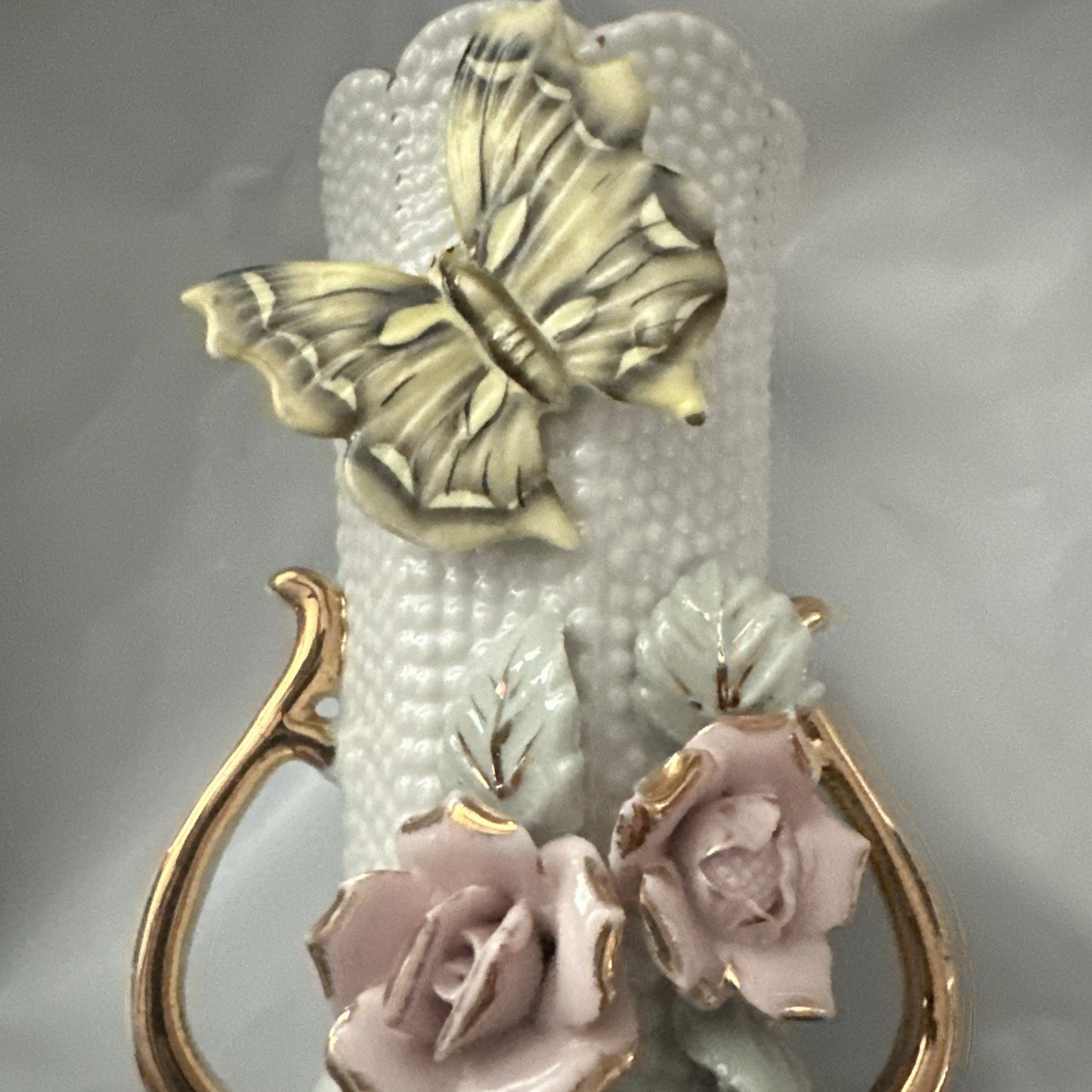 Vintage Double Handled Hobnail Porcelain Bud Vase W/ Gold Trim & Applied Flowers