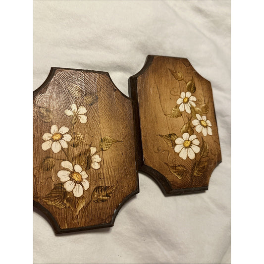 2 Vtg Hand Painted Wood Mid Century Folk Art Plaque Wall Hanging Decor
